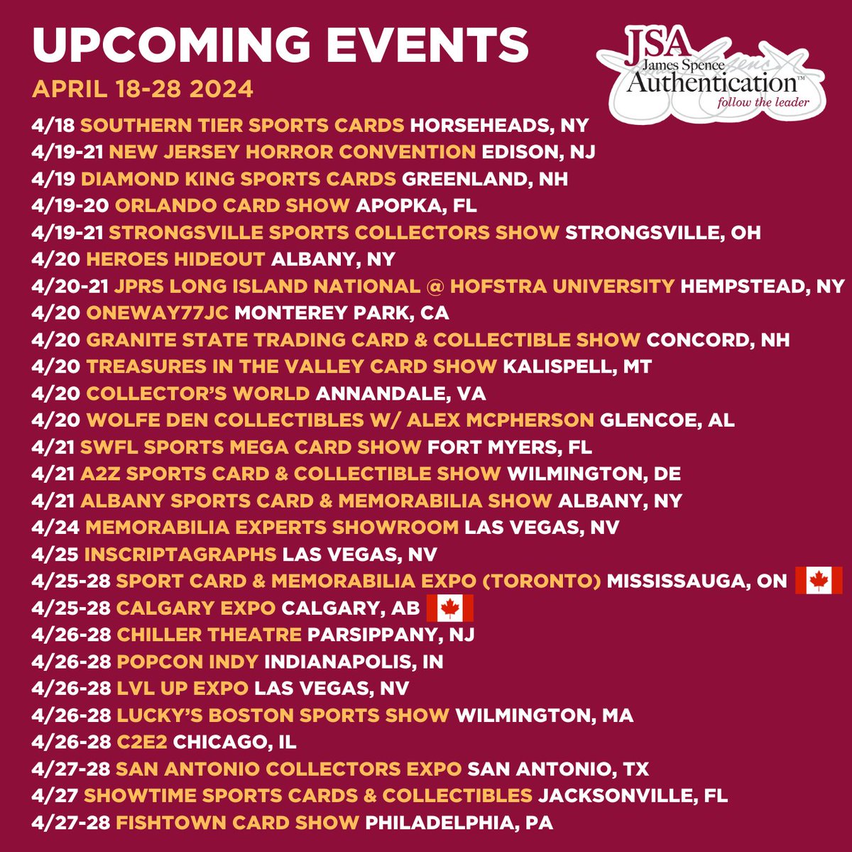 JSA lineup of upcoming appearances April 18-28 2024 🗓️
Authenticate autographs signed at the show or previously signed items brought from home (unless noted otherwise.)

Visit SpenceLOA.com/events for more on-site appearances and information.

#jsaauthenticated #jsa