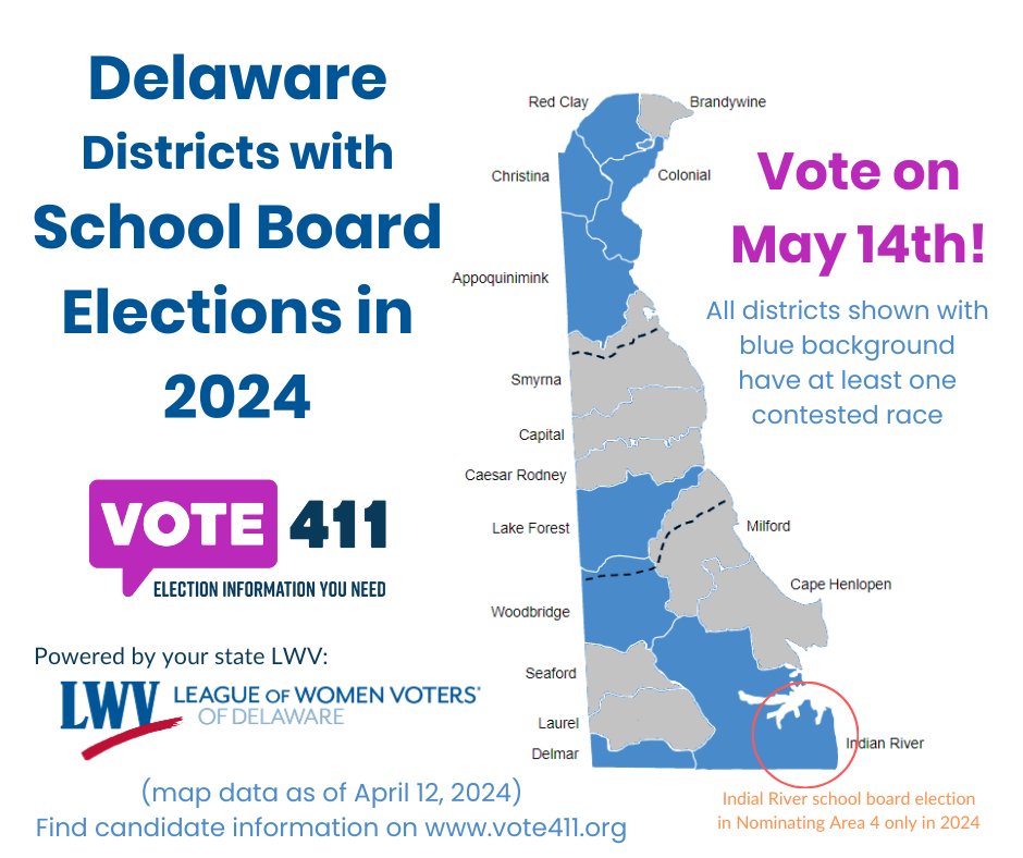 If your school district has an election, make a plan to vote on May 14, 2024! Step 1 - check vote411.org to find out what candidates are running in your district. #SchoolBoardsMatter #VOTE411 #DelawareVotes