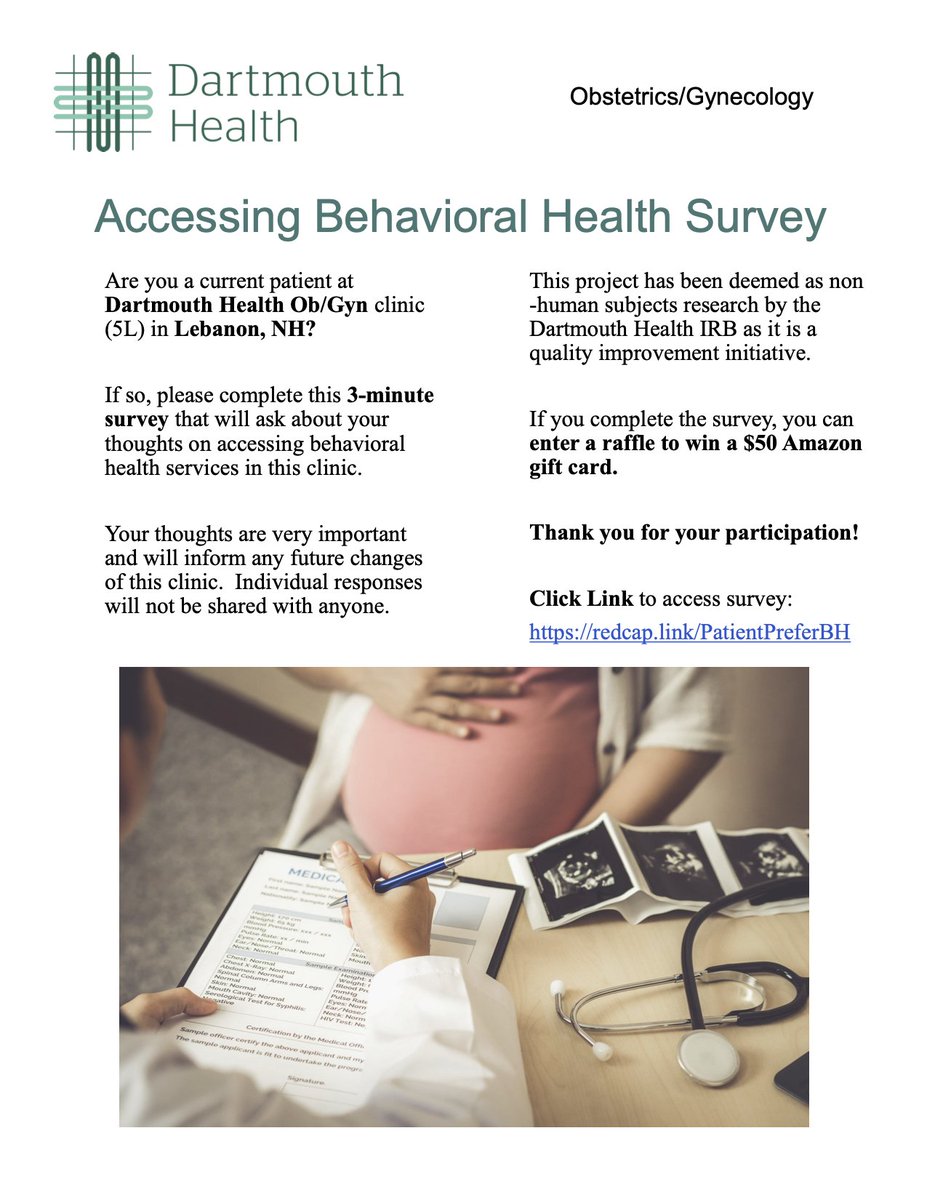 Are you a current patient at our Ob/Gyn clinic (5L) in Lebanon, NH? If so, please complete this 3-minute survey that will ask about your thoughts on accessing behavioral health services in this clinic. ⤵️ redcap.link/PatientPreferBH