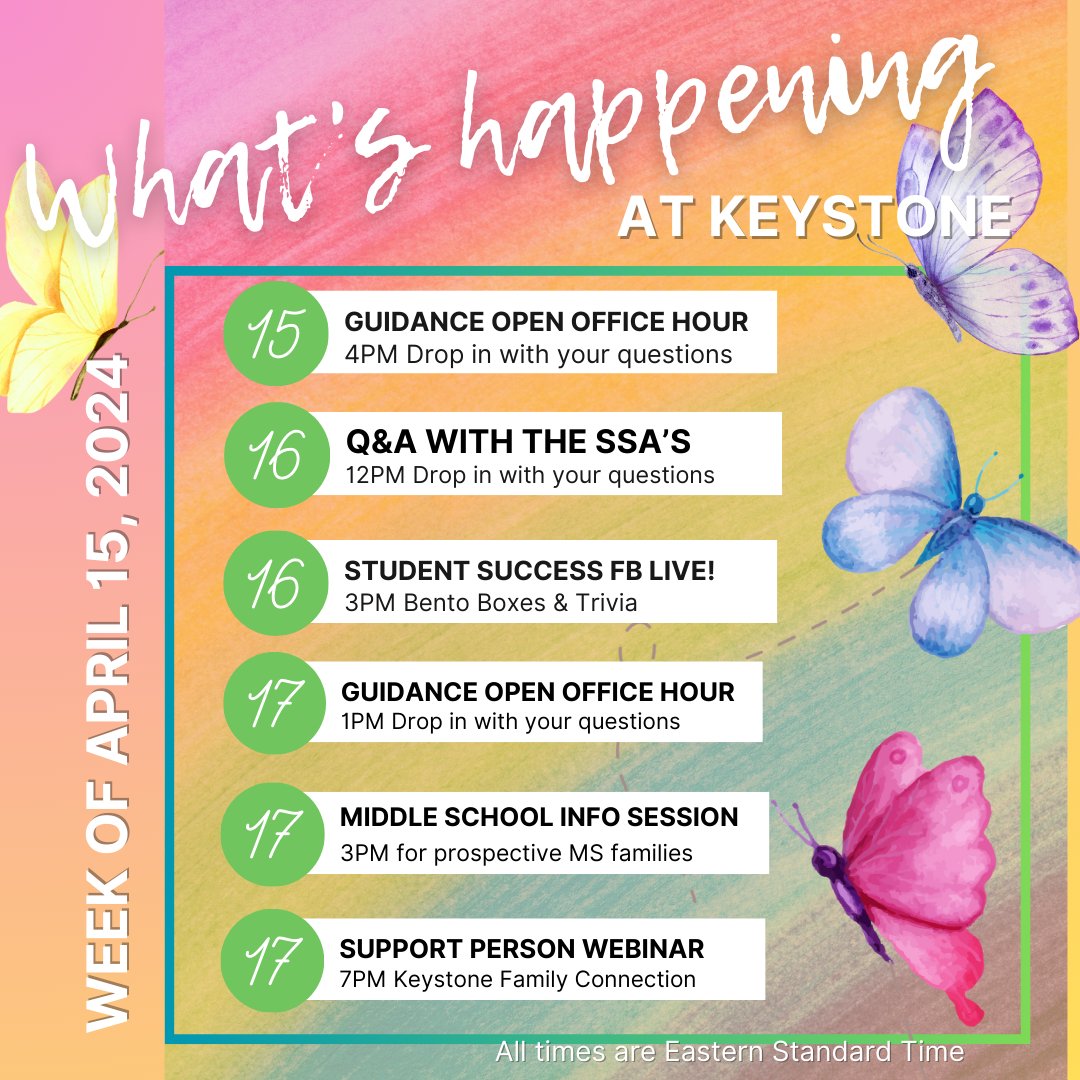 Here's what's happening this week at The Keystone School! Click here to see more details and our entire school calendar: bit.ly/3o5ypOJ
#thekeystoneschool #onlinelearning #livewhilelearning #getinvolved #learnfromhome #extracurriculars #schoolcalendar #schoolclubs