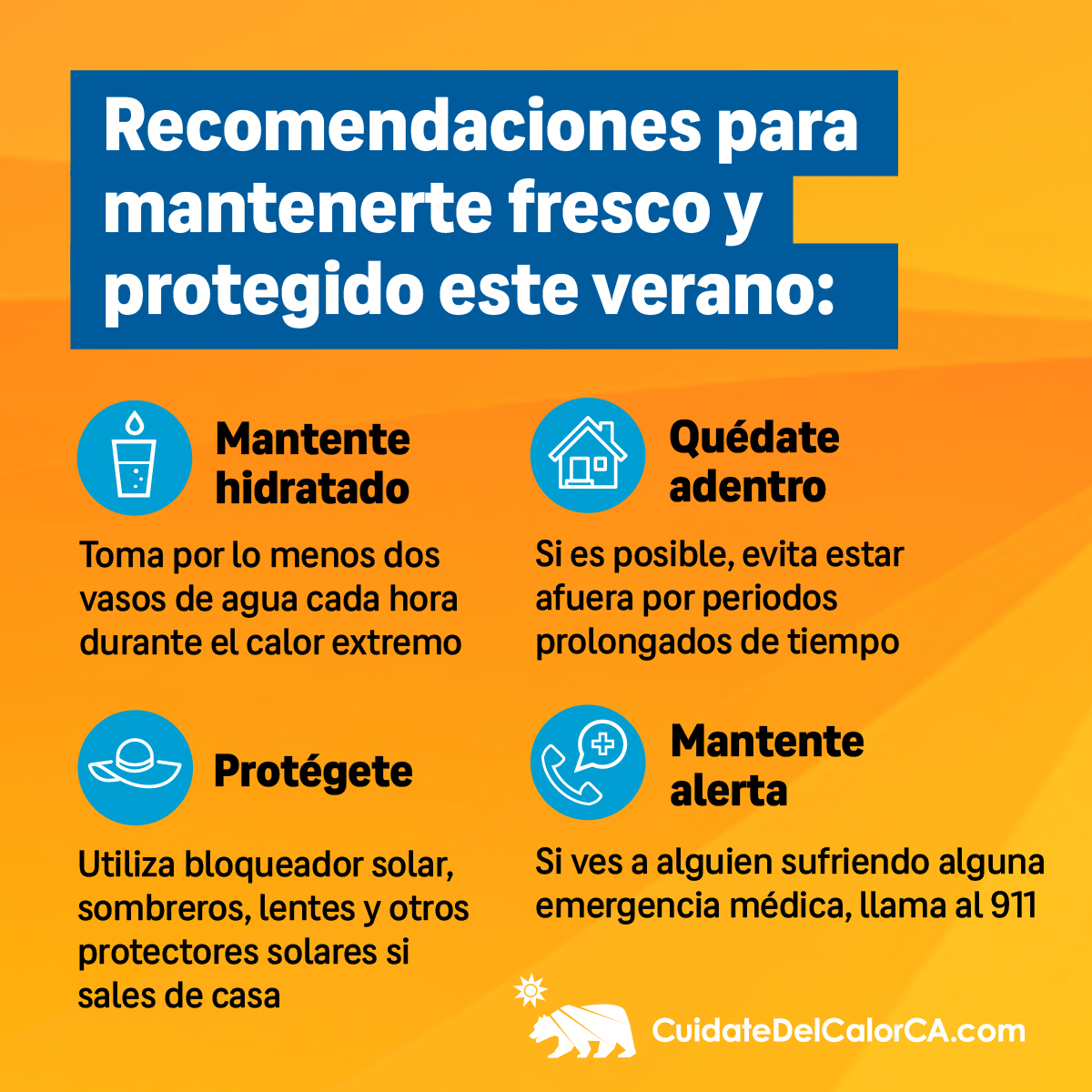 Some helpful summertime tips, if you're able to, please: ✅ Stay Hydrated ✅ Stay Indoors ✅ Stay Protected ✅ Stay Alert To find your nearest FREE cooling centers and resources, visit heatreadyca.com