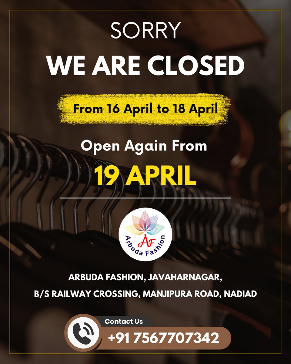 We Are Closed From 16 April to 18 April. Open Again From 19 April. 

Thank You 🙏
. 
#ArbudaFashion #Nadiad #fashionstyle #ladiesfashion #dress #FashionStore #nadiad_network #womensfashion #girlsfashion #girlsstyle