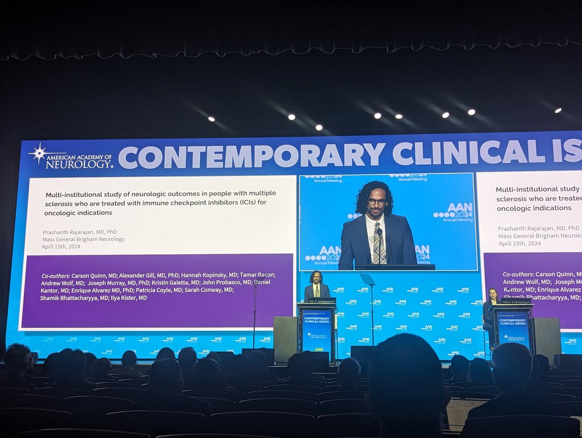 Congratulations Prashanth Rajarajan, @C_mQuinn, Sarah Conway, Kristin Galetta, @shamik_b, and Ilya Kister on their ground breaking work on showing that immune checkpoint inhibition uncommonly leads to relapse in older MS patients! #AANAM @harvardneuromds