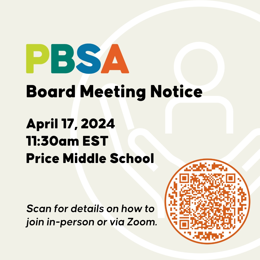 Board Meeting Notice: There will be a PBSA Board of Directors meeting held on April 17 at 11:30am. Board meetings are held in-person, as well as virtually, at Price Middle School. For details on joining, please visit purposebuiltschoolsatlanta.org/about/board-of….