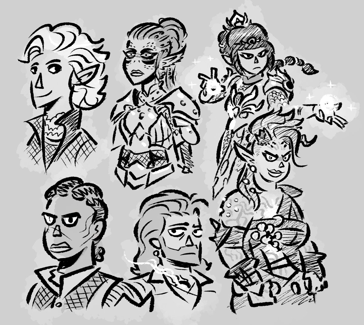 Ok, I have this week and this week only to work on my Baldur's Gate 3 print before all my upcoming cons. Here are some quick character doodles before I get started on the big illustration. Wish me luck as I buckle down!