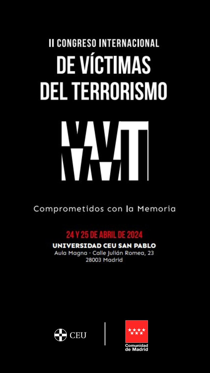 El próximo 25 de abril celebramos el II Congreso Internacional de Víctimas del Terrorismo, #ComprometidosConLaMemoria. Una jornada que organizamos junto a la @ComunidadMadrid con el objetivo de compartir experiencias, dar voz a las víctimas, honrar su memoria, y abordar los