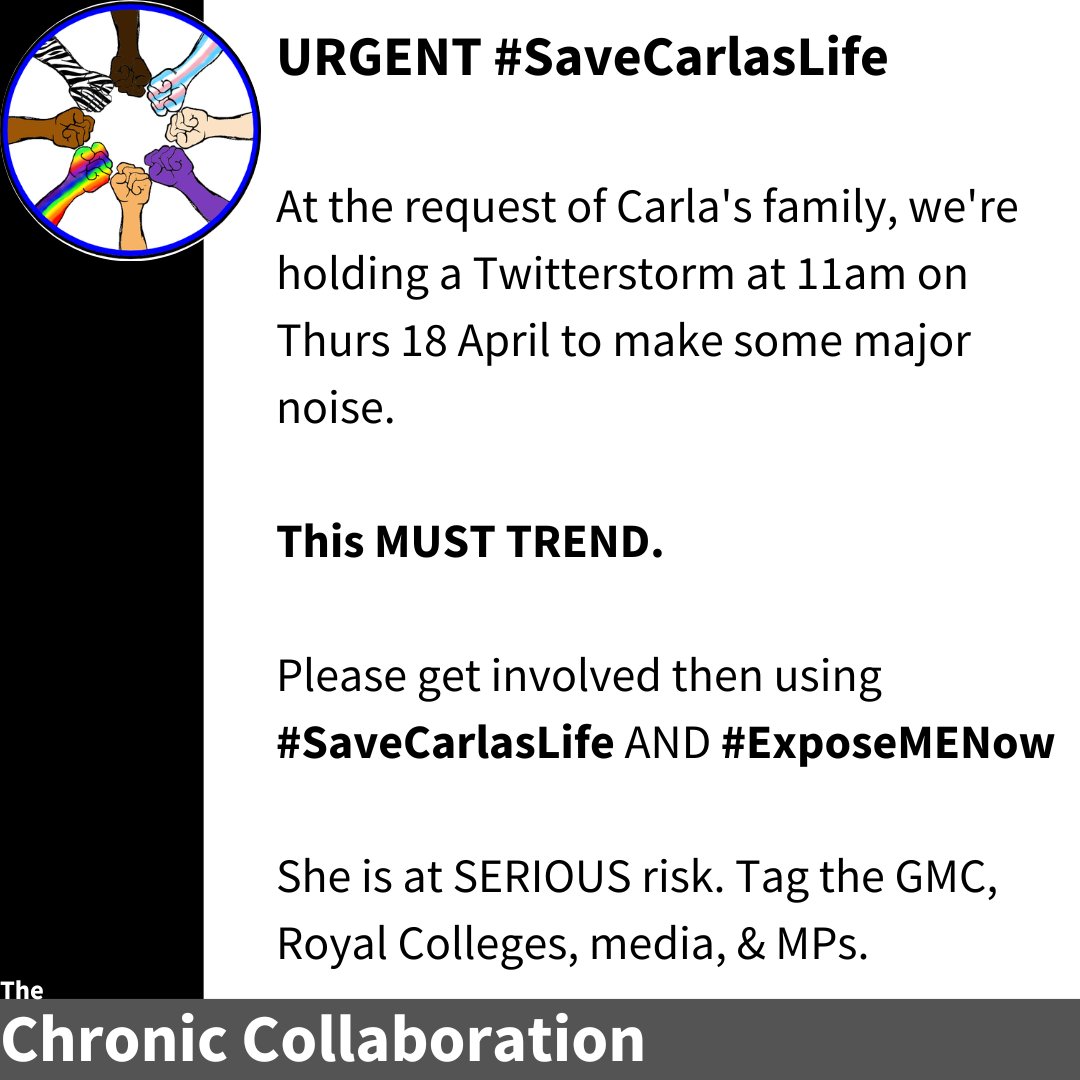 PROTEST #SaveCarlasLife #ExposeMENow Carla is extremely ill in West Middlesex Hospital. Doctors are ignoring NICE guidance on severe ME & ignoring her severe POTS You know what to do THURS 18 APRIL 11am-1pm BST EVERYONE ONLINE USE THE HASHTAGS We'll be at the hospital too 1/