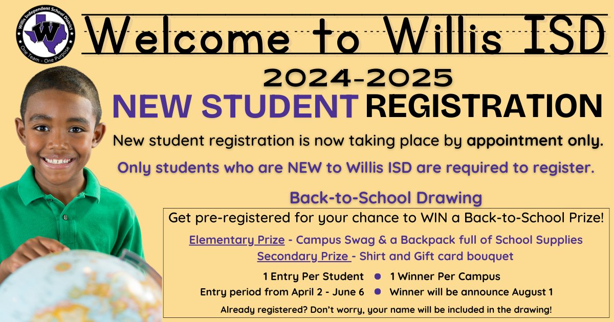 🎊 NEW Student Early Registration is now OPEN! 🎊 Complete the registration process at the link below by June 6 to be entered into our back-to-school raffle! NEW STUDENT Registration ➡️ tinyurl.com/WISDregistrati… (For more information, visit willisisd.org/registration)