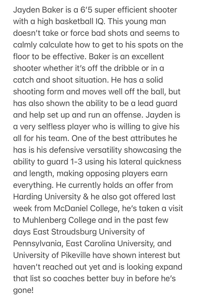 Jayden Baker (2024) 
Height: 6’5
POS: CG
HS: Massanutten Military Academy Post Grad (VA)
Calling Card: 3 &amp; D 
Current Offers: Harding University, McDaniel College
