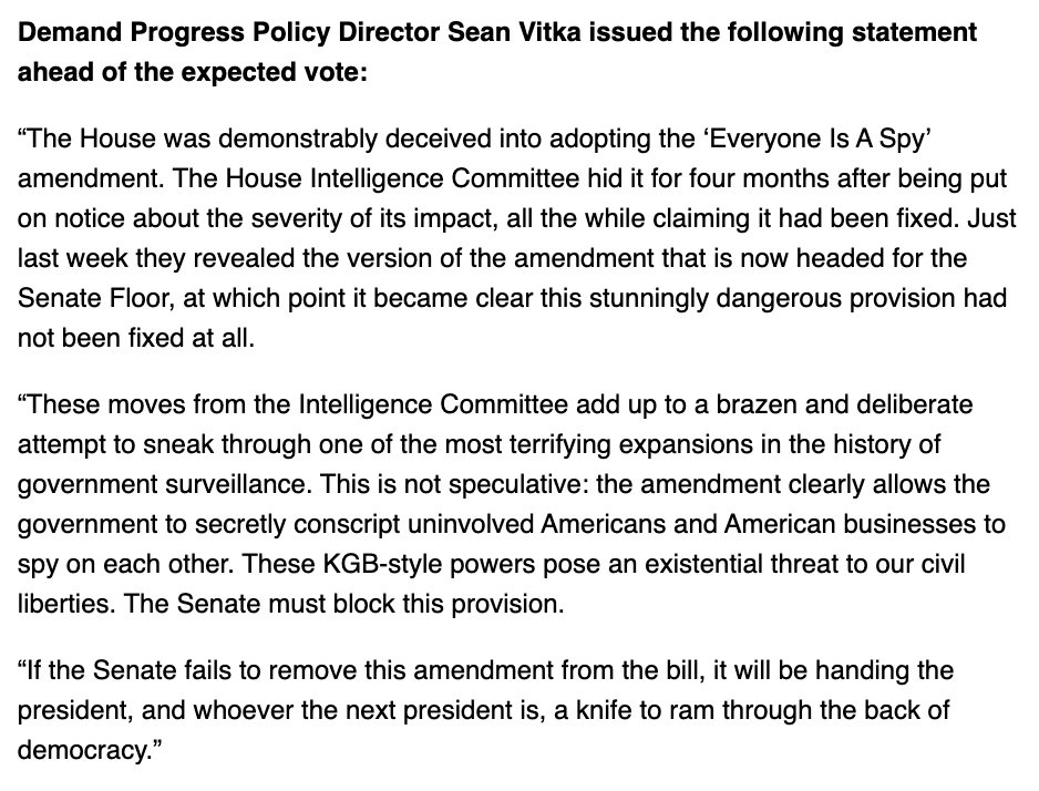 This week, the Senate will vote on #FISA reauthorization including an “Everyone Is A Spy” amendment. If the Senate fails to remove the amendment, it will be handing the president, and the next president is, a knife to ram through the back of democracy. Our full statement: