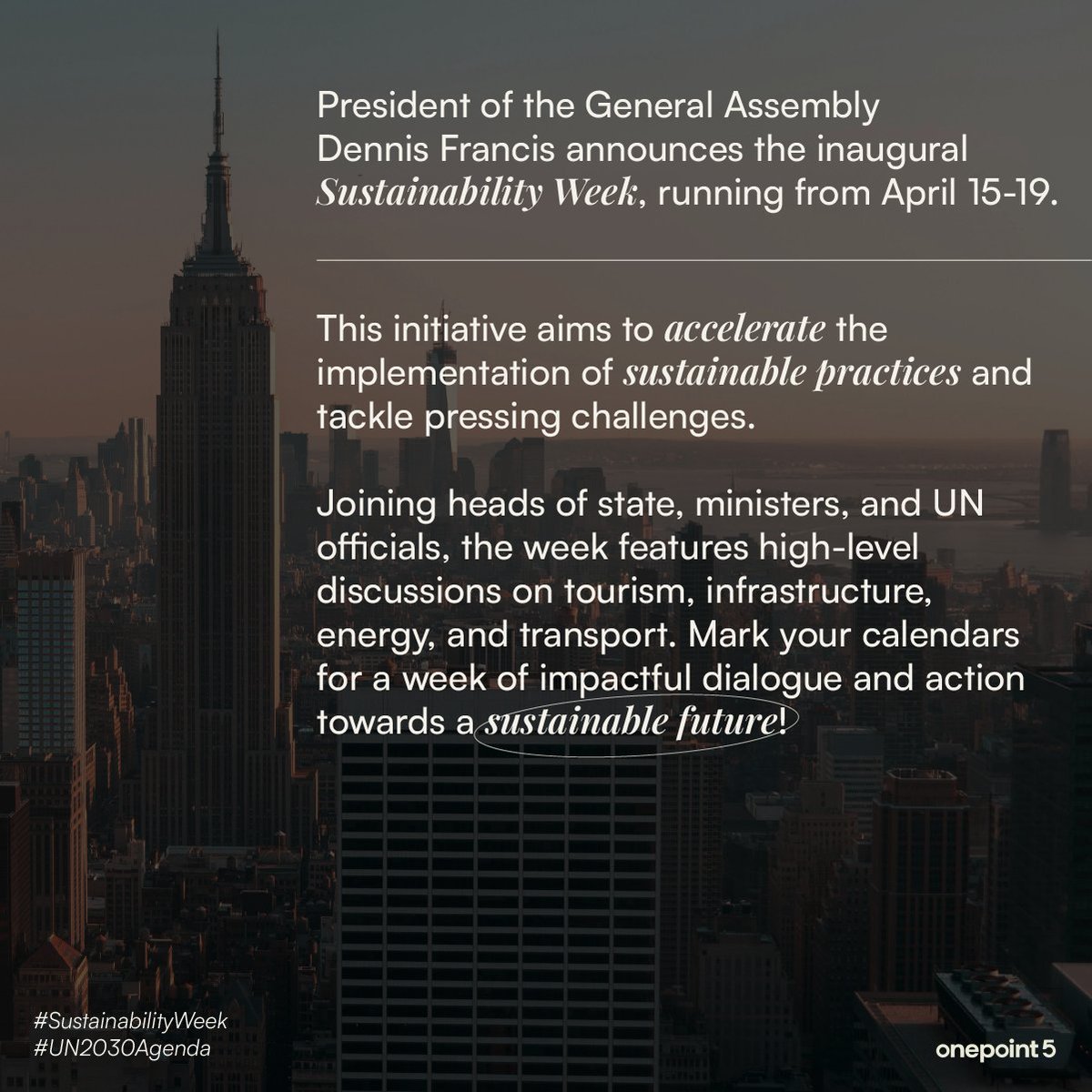 The President of the @UN General Assembly Dennis Francis has announced UN body’s inaugural ’Sustainability Week' with thematic debates on debt sustainability and socioeconomic equality, tourism, sustainable transport and more. #SustainabilityWeek
