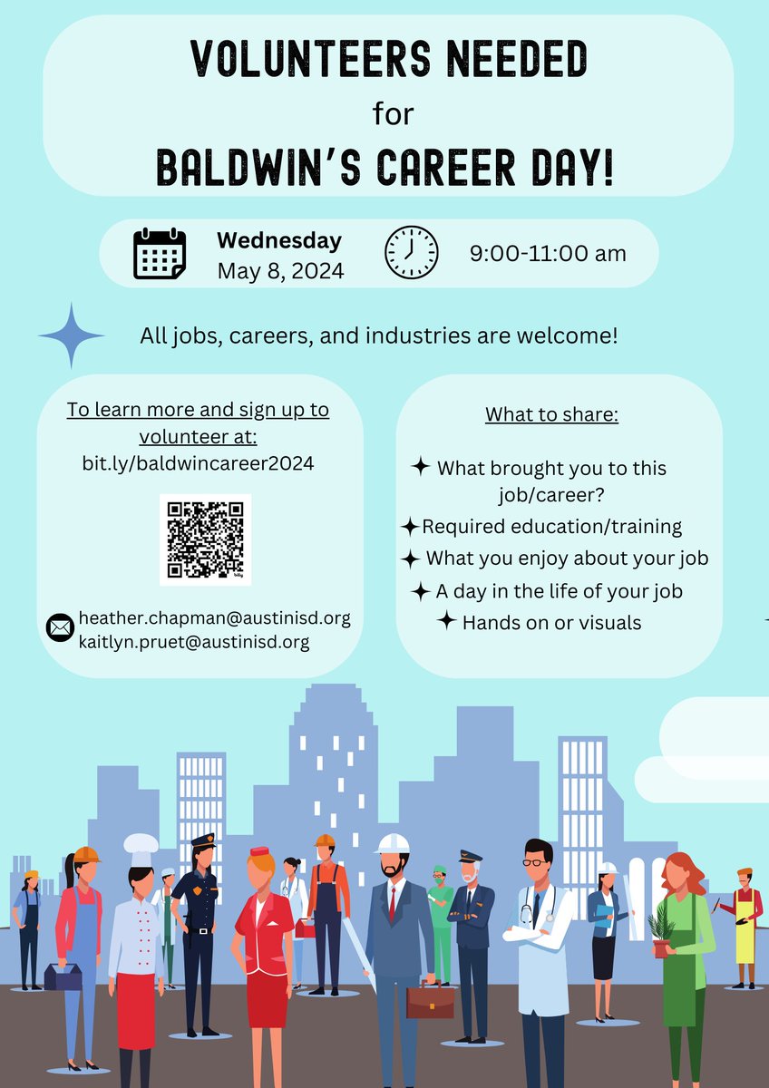📣Calling all community members!📣
We need you for Career Day on Wednesday, May 8th! Come share a day in your life with our students and inspire the next generation to take on your career.  🐾💜💛 <a href="/Matias_AISD/">Matias Segura</a> <a href="/BaldwinCares/">Baldwin Elementary Counseling</a> <a href="/Baldwin_PTA/">Baldwin PTA</a> <a href="/AISDBowie/">Bowie High School</a> <a href="/GMSTigers/">Gorzycki MS</a> <a href="/AISDElementary/">@AISDElementaryProud</a>
