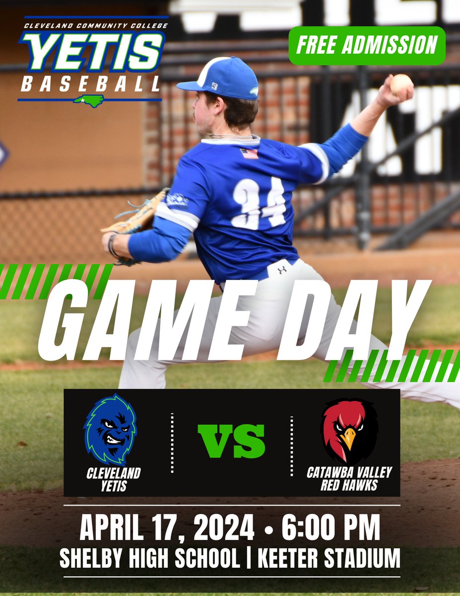 @CCCYeti_BSBL hosts Catawba Valley this week in a home game at Keeter Stadium (Shelby High School) on Wednesday, April 17, at 6 pm. Come out to support the Yetis—admission is free! Read the game recap from their win last week against the Red Hawks. clevelandcc.prestosports.com/sports/bsb/202…