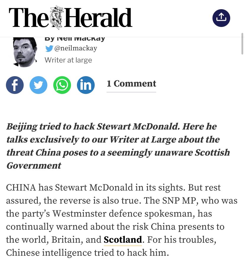 This is one of the funniest things I’ve ever read. People in Glasgow don’t even care about Stewart McDonald. Why the fuck would Beijing 🤣🤣