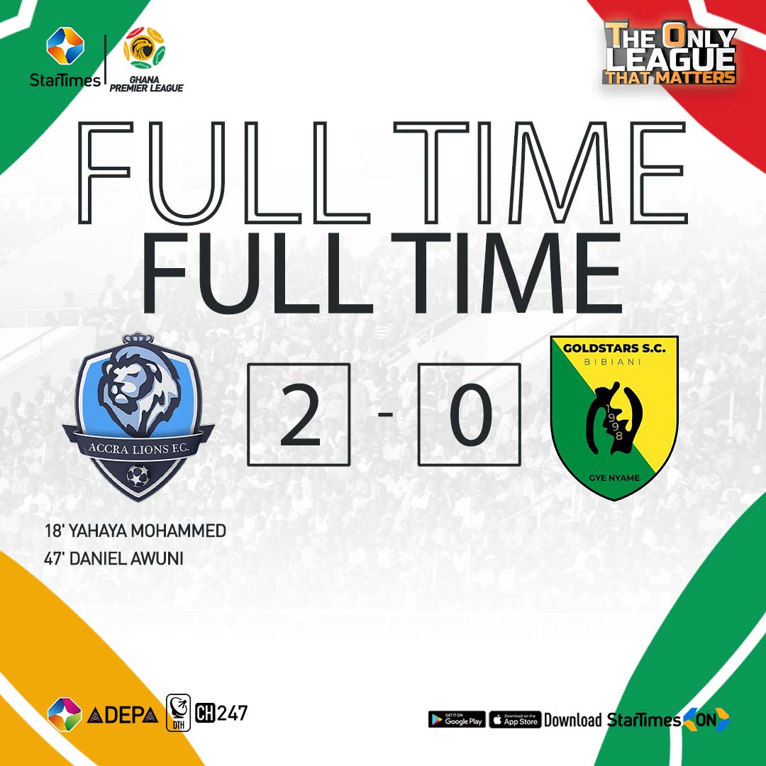 𝗙𝗨𝗟𝗟 𝗧𝗜𝗠𝗘! @AccraLionsFC 2-0 @GoldStarsSc Watch more #GhanaPremierLeague games live on ST Adepa Ch. 247 & StarTimes ON App 📲bit.ly/464MxvT #GPL #StarTimes #Ghana #GPLonStarTimes #GPLwk26 #GyeNyame #yennyinaadea