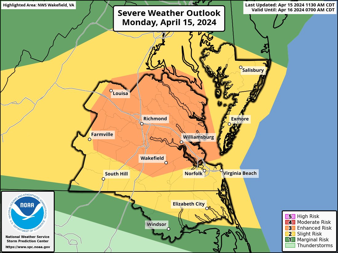 Heading South from Baltimore this afternoon? The latest outlook from the SCP has a level 3 (out of 5) risk for severe weather across parts of VA. 👇 Damaging winds and large hail the primary threats. Level 2 (out of 5) for Southern MD and Lower Eastern Shore. #MdWx #VaWx