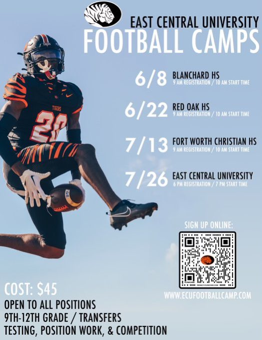 ‼️ALMOST THAT TIME‼️ Get signed up for @ECUTigersFB camp nearest you and get IN-PERSON evaluation from our coaches. *PLAYERS HAVE GOTTEN OFFERED FROM THESE CAMPS* 👀 #BeTheStandard 🐅