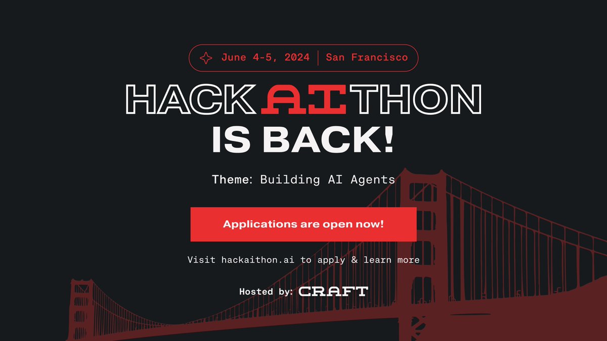 🏁Ready. Set. Apply!🏁 Want to join the best devs and hackers building AI Agents? #hackaithon is back! Applications & more details are live: hackaithon.ai June 4 & 5 in SF Apps are due May 10th Rolling admissions, space is limited. Apply early!