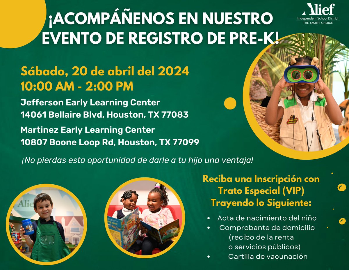 Ready to register your child for Pre-K? Join us on April 20 at the Early Learning Centers from 10 am - 2 pm! Explore our immersive classrooms and secure your child's spot for an unforgettable learning journey. See you there! See the flyer for details.