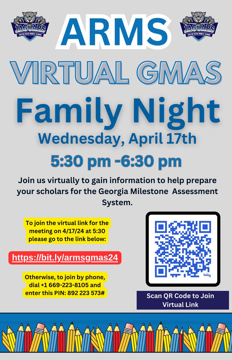 Jaguar Families please join us this Wednesday from 5:30 -6:30 p.m. for our Virtual GA Milestones Parent Information Session. We look forward to meeting with you all as we prepare for a smooth and successful GMAS experience for our Jaguar Scholars. bit.ly/armsgmas24