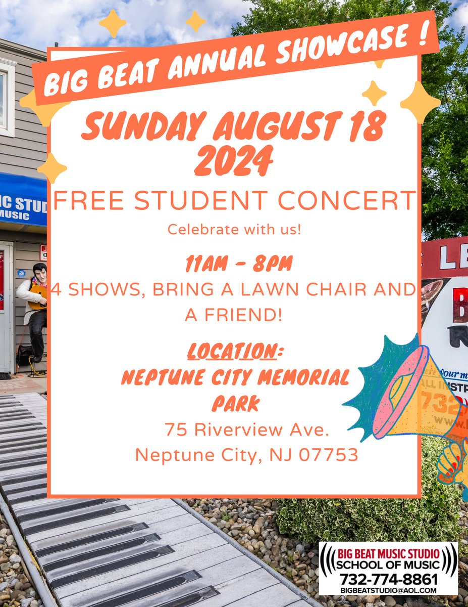 ITS BEEN CONFIRMED! Big Beats 2024 Annual Showcase will be held Sunday, August 18th at Neptune Memorial Park from 11am-8pm.
.
You still have a chance to be in it! Sign up for music lessons now! 732-774-8861
.
.
#musicevent #local #smallbusiness #musiclessons #showcase