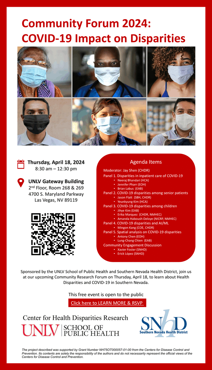 This week, we will be hosting the Community Forum 2024: COVID-19 Impact on Disparities with @SNHDinfo! Join us on Thursday, April 18 from 8:30 AM to 12:30 PM to learn about health disparities and COVID-19 in Southern Nevada. Register for the event: unlv.co1.qualtrics.com/jfe/form/SV_bx…