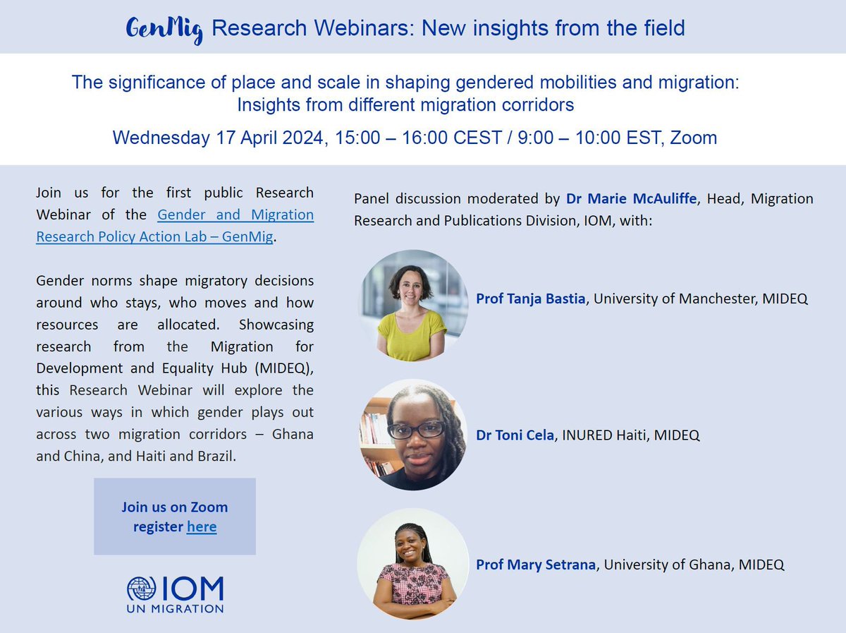 📢Event alert! How do #gender inequalities play out through the migration journey? Join MIDEQ researchers on Wed. from @GlobalDevInst, @CmsLegon & @INUREDHAITI to learn what this means when developing policy responses. @MIDEQHub Register below 👇 bit.ly/3U1E34y