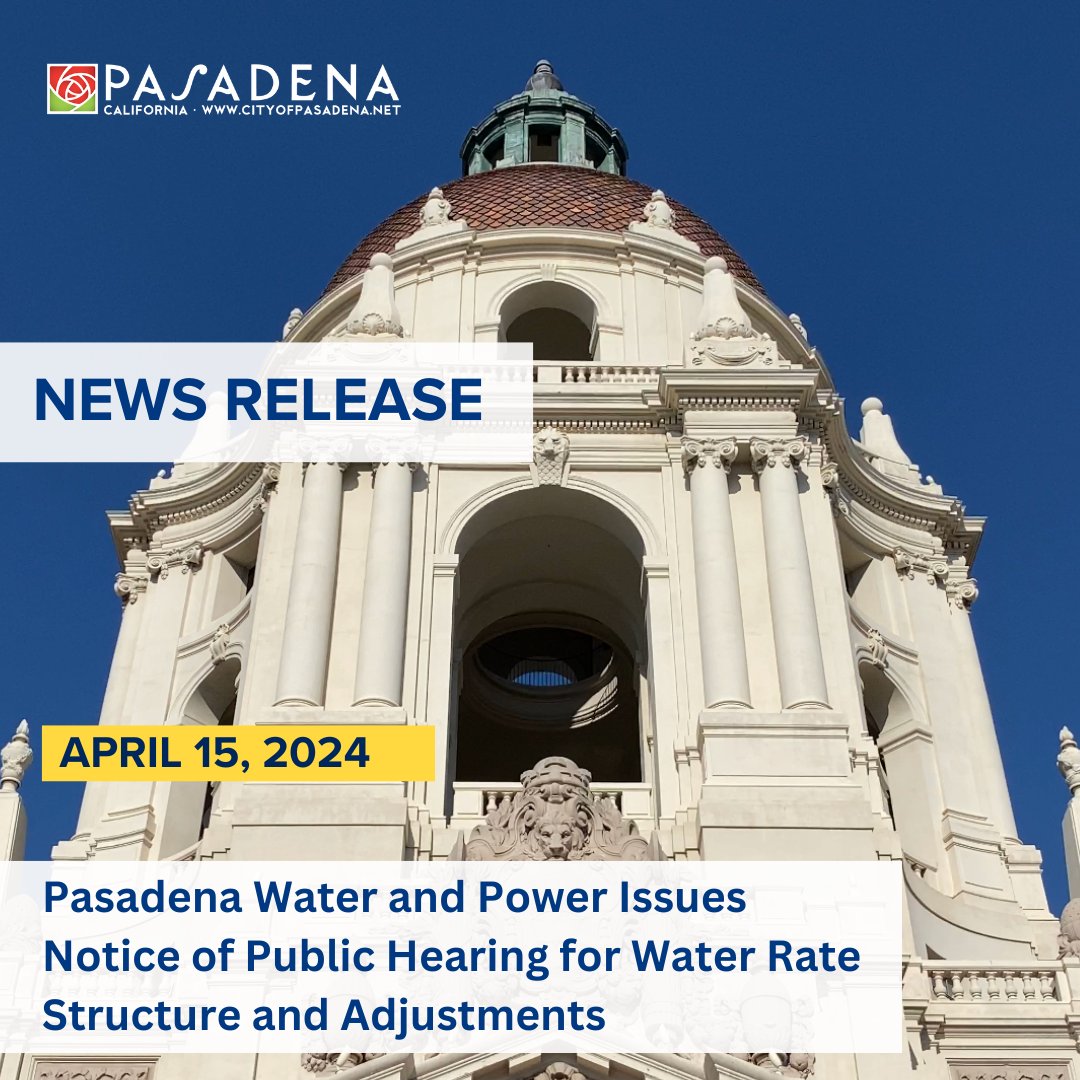 Pasadena City Council will hold a public hearing on Monday, June 3, 2024, at 5:30 p.m. to consider the adoption of adjustments to the existing water rates and rate structure. The public is encouraged to participate. For more information on water rate adjustments and the upcoming