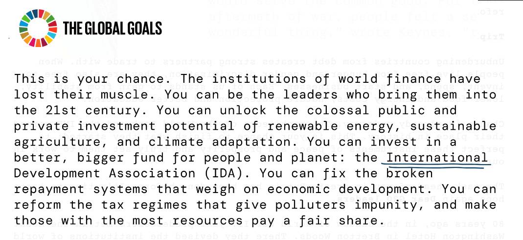 'This is your chance... You can invest in a better, bigger fund for people & planet: IDA.' Read the #DearG20 letter, signed by over 100 voices calling on #G20 Leaders to: Triple the Investment. End crippling debt. Make polluters pay. globalgoals.org/dearg20/ #IDAworks #IDA21