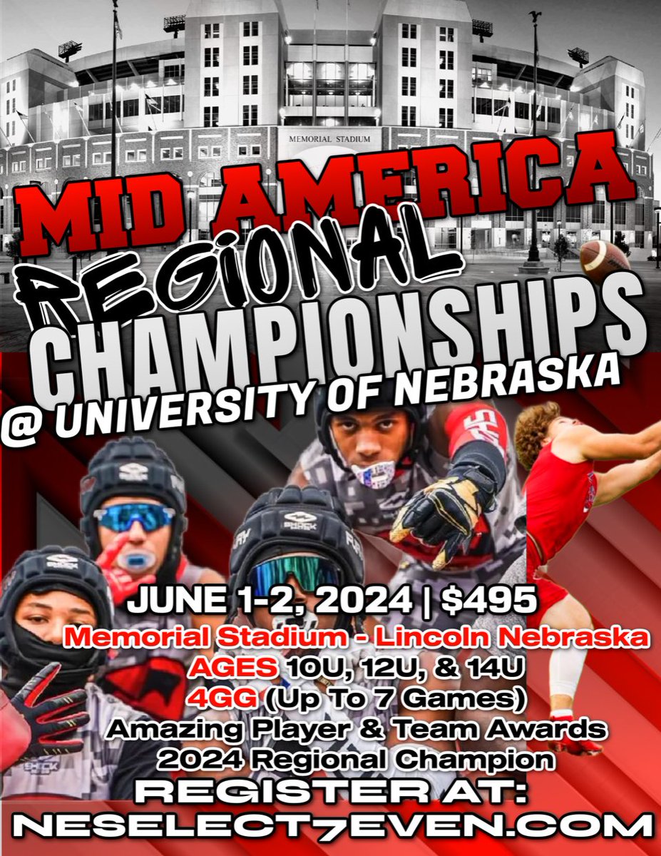 NESELECT7EVEN's tweet image. MidAmerica REGIONAL CHAMPIONSHIPS            
10Under - 12Under - 14Under Teams  - Come join us at Memorial Stadium &amp;amp; the Hawk Championship Center Lincoln, NE June 1-2   NESELECT7EVEN.COM 
#ia7v7
#ne7v7
#realfunfootball