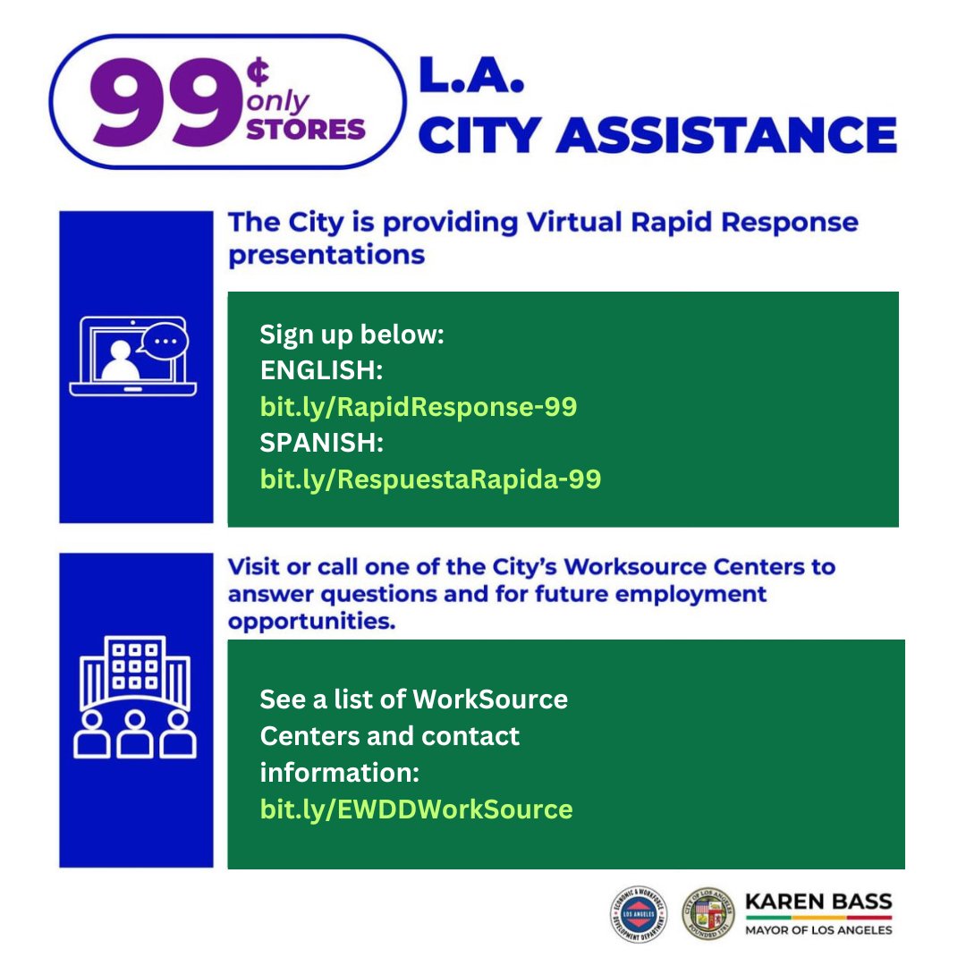 In partnership with the Mayor's Office, EWDD's Rapid Response team is holding virtual sessions starting today to assist all affected 99 Cent Only Stores employees. To register for these sessions, please visit: ENGLISH: bit.ly/RapidResponse-… SPANISH: bit.ly/RespuestaRapid…