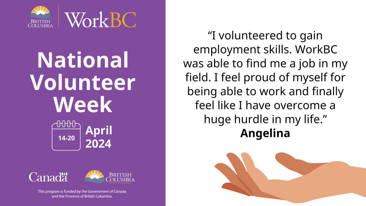 Volunteer work can help you gain work experience and can sometimes lead to paid employment. 

Contact your WorkBC Centre to find out how we can support your employment goal.

ow.ly/7Qn450RetN7

#WorkBC #NVW2024