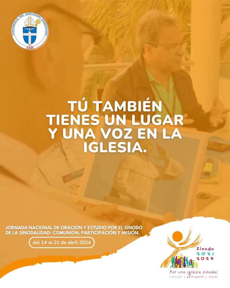 Únete a la Jornada Nacional de Oración y Estudio por el Sínodo de la Sinodalidad: comunión, participación y misión, del 14 al 21 de abril 2024. Comparte en nuestras redes sociales tus oraciones y reflexiones con los hashtags #SínododelaSinodalidad y #ComuniónParticipaciónMisión.