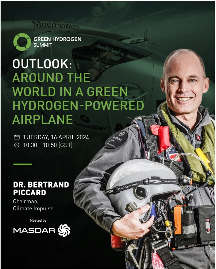 After such a great collaboration between @Masdar and Solar Impulse, here I am back in Abu Dhabi to speak at the #GreenHydrogenSummit about green hydrogen in relation with my new project @ClimateImpulse . Could we fly with hydrogen produced in the #UAE thanks to solar energy ?