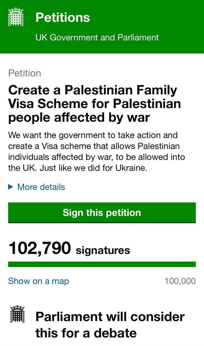 Our petition for a Gaza Family Scheme to reunite Palestinian families closes in 3️⃣ days. With your support, we have reached our initial target of 100,000 signatures Share + sign the petition today to show Parliament how much the public want this scheme petition.parliament.uk/petitions/6485…