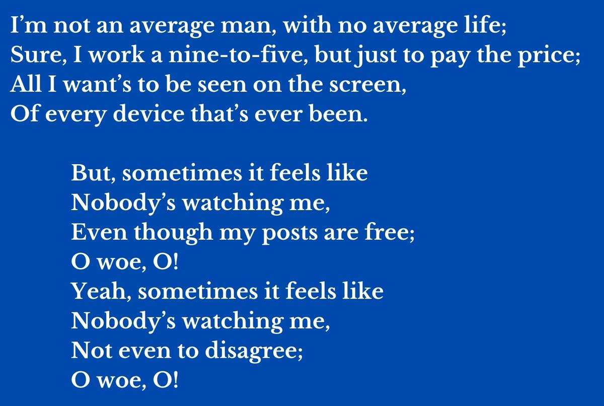 #quote from 'Nobody's Watching Me' by @StewartBerg

A lament toward the lamentable state of non-notice

#poetrytwitter #poetrycommunity #BookTwitter #booktwt #poetrylovers #AuthorsOfTwitter #PoemADay #LiteraturePosts #AuthorUpROAR #authorcommunity #authorscommunity #POEMS #books