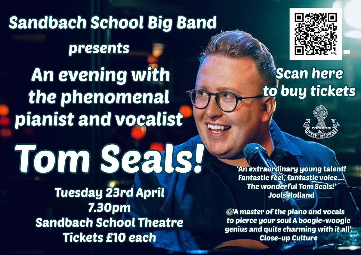 On Tuesday 23rd April the award winning Sandbach School Big Band will be joined by the phenomenal pianist and vocalist Tom Seals!

Here's a clip of Tom perfroming - 

bit.ly/3VdyuCB

GET YOUR TICKETS HERE 

bit.ly/481R96R