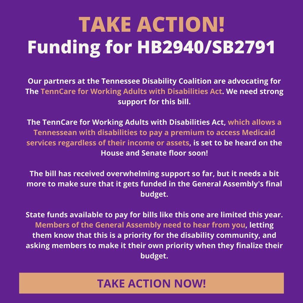 Support the TennCare for Working Adults with Disabilities Act. TAKE ACTION HERE: votervoice.net/TNDISABILITY/C…