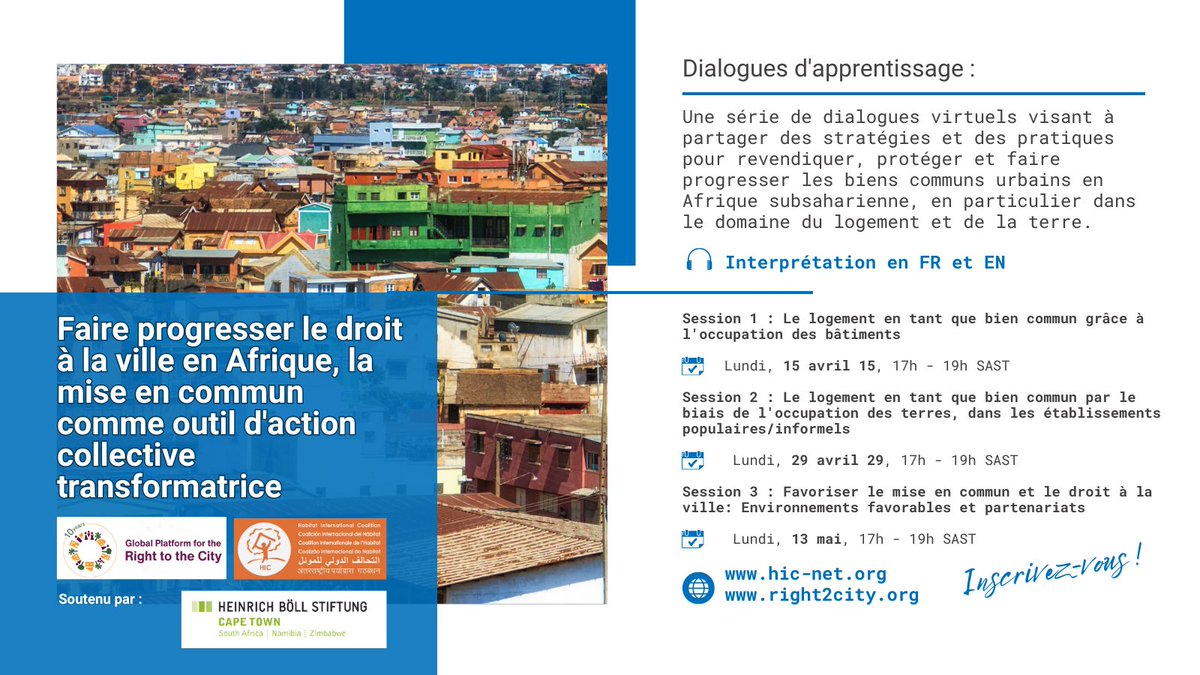 @ReclaimCT 🗓️ [29 avril] 2⃣ dialogue : Le #logement en tant que #BienCommun par le biais de l’occupation des terres, dans les établissements populaires 🔵Faire progresser le #DroitÀLaVille en Afrique, la mise en commun comme outil d’action collective Inscrivez-vous: right2city.org/fr/events/lear…