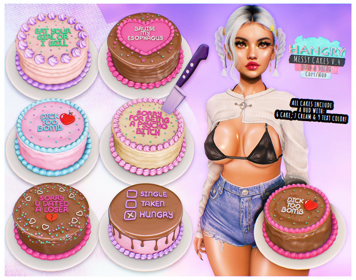 hangry_sl's tweet image. Hangry // Messy Cakes V.4

▷ Each cake includes a HUD w/ 6 cake, 7 cream and 9 text color options!
▷ Copy / Mod
▷ Holdable &amp;amp; Decor

Now at kustom9!
maps.secondlife.com/secondlife/kus…
#kustom9 #secondlife #hangry