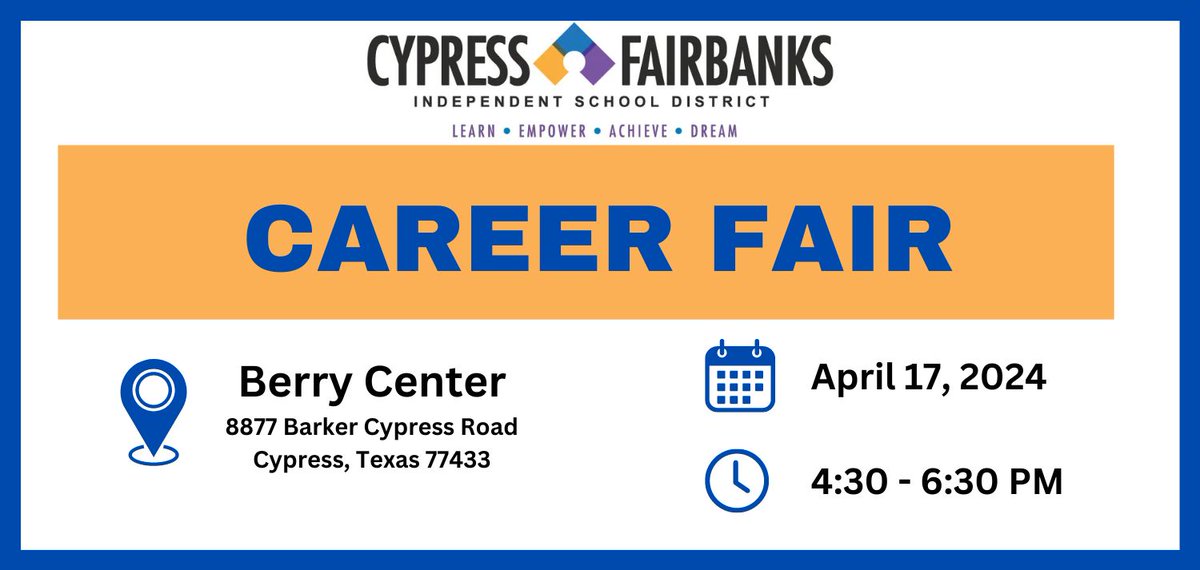 The #CFISDCareerFair is two days away--Wednesday, April 17 from 4:30-6:30 p.m. at the @BerryCenter. Learn more and pre-register at buff.ly/4aafLw7. #CFISDspirit