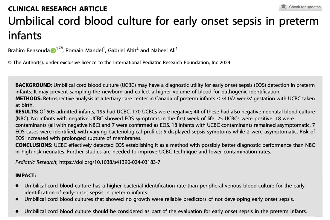 Fresh hot the press - Umbilical cord blood culture for early onset sepsis in preterm infants. Authors: Brahim Bensouda, Romain Mandel, Gabriel Altit & Nabeel Ali. @HME_MCH @ciusss_estmtl @neo_twiter @EBNEO nature.com/articles/s4139…