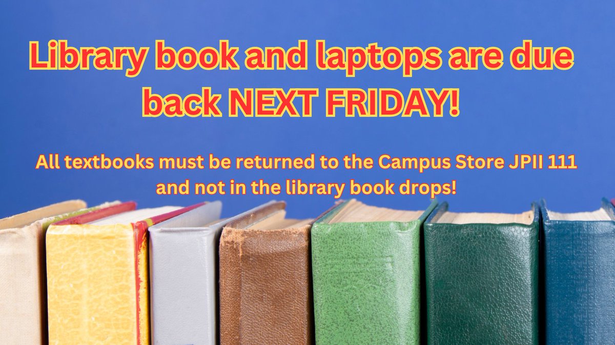 An important reminder that library books and laptops are due back to the library NEXT FRIDAY! Make sure to return them on time and return any textbooks to the Campus Store and not in the library book drops! #vannlibrary #duedate #librarybooks @USFFW