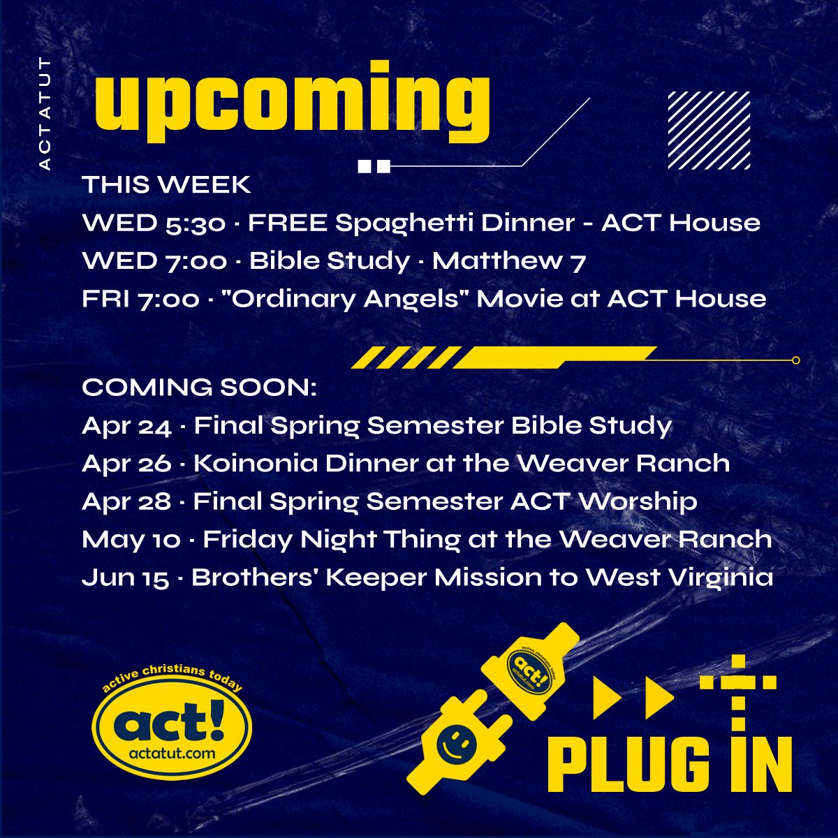 actatut's tweet image. WED 5:30 ~ FREE Spaghetti Dinner ACT House
WED 7:00 ~ Bible Study ~ Matthew 7
FRI 7:00 ~ Movie Night at the ACT House
Apr 26 ~ Koinonia Dinner at the Weaver Ranch
May 10 ~ Friday Night Thing at the Weaver Ranch
Jun 15 ~ Brothers' Keeper Mission to WV
actatut.com