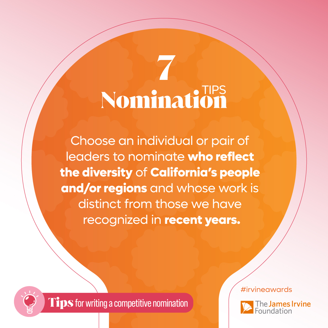 irvine_awards's tweet photo. The James Irvine Foundation Leadership Awards spotlights leaders who go above and beyond to improve lives, foster opportunity, and inspire communities. 

Nominate a leader you know, who is shaping a brighter future for California: https://t.co/Ys0w8QO9p4 

#IrvineAwards https://t.co/wQwjduHkjR