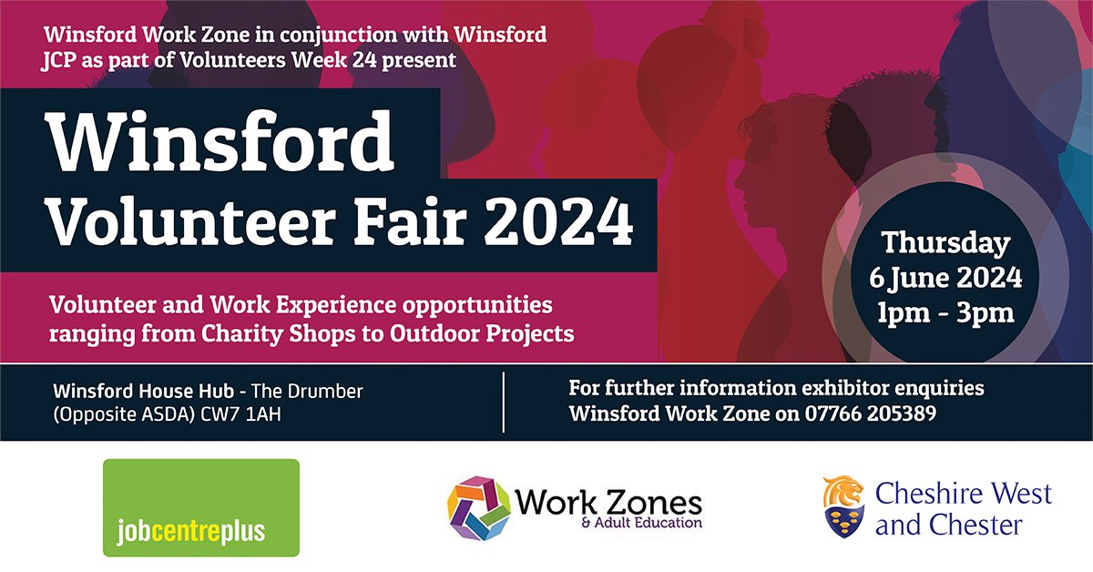 🤝 Looking for volunteering opportunities? Come along to the Winsford Volunteer Fair on Thursday, 6 June, from 1pm - 3pm at Wyvern House. 📱 For further information contact the Work Zone on: 07766 205389.