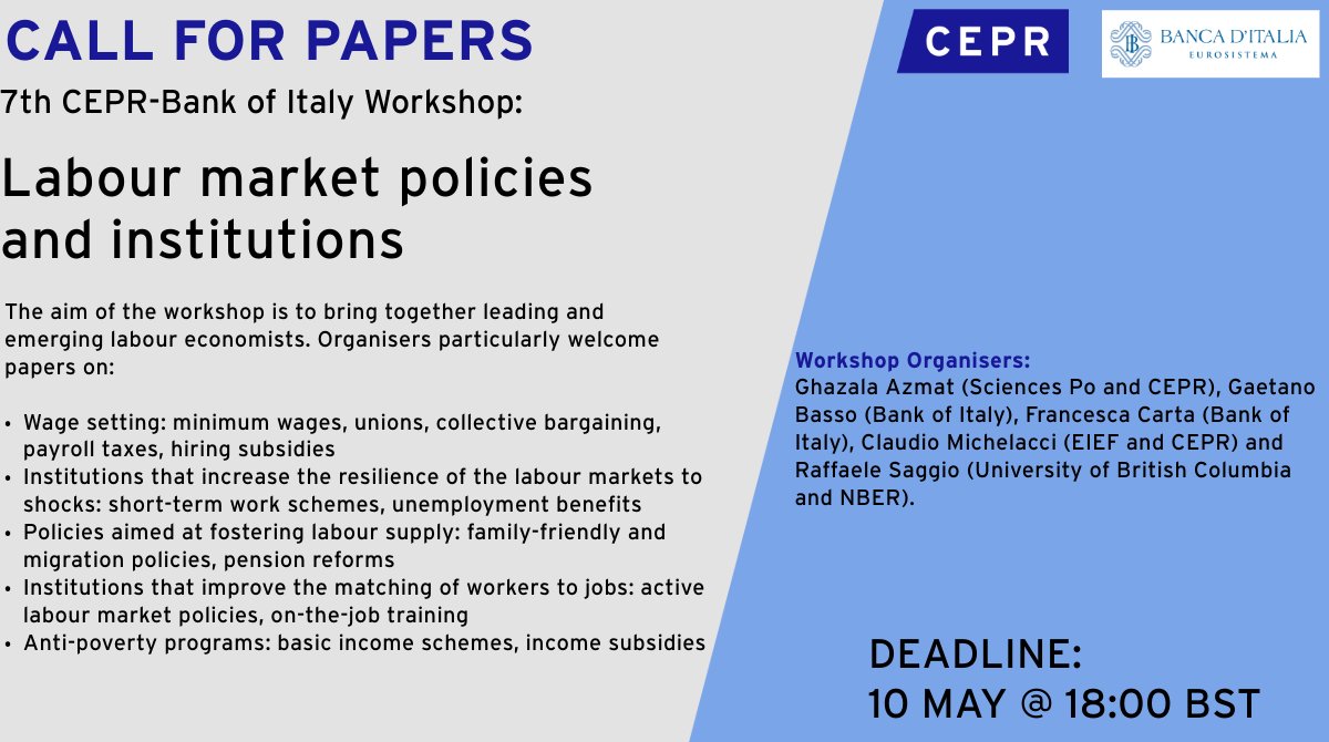 cepr_org's tweet photo. #CallforPapers Deadline: 10 May 18:00 BST
The organisers of the 7th CEPR @bancaditalia Workshop on Labour Market Policies and Institutions invite submissions on wage setting, labour market resilience, labour supply policies, anti-poverty programs and more
https://t.co/10CFTgJpP0 https://t.co/8gVub0CW3m