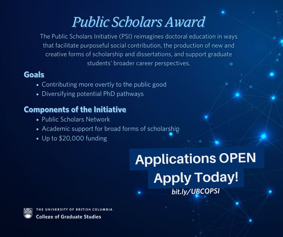 Applications for the next cohort of Public Scholars are open! Read more about our UBCO Public Scholars and apply: bit.ly/UBCOPSI 

@UBCFHSD