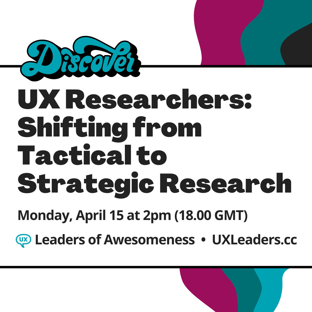 I'll be going live in 60 mins! UX Researchers: Shifting from Tactical to Strategic Research Today at 2pm ET (18.00 GMT) Details: leaders.centercentre.com/events/ux-rese…