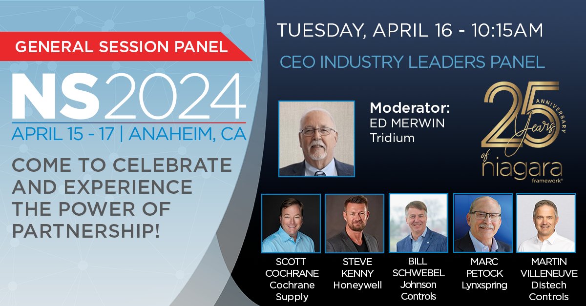 Leaders from @CochraneSupply, @Honeywell, Lynxspring, @johnsoncontrols, and @DistechControls will discuss industry trends and technology during the General Session on Tuesday at #NiagaraSummit 2024. tridium.com/us/en/niagaras…